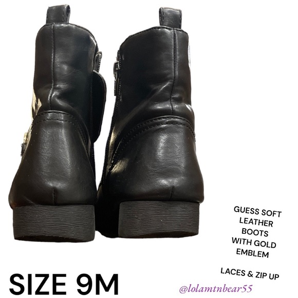 GUESS BRAND SOFT LEATHER ANKLE BOOTS-SIZE 9M-GOLD EMBLEM ON SIDES-ZIP UP AND TIE - Picture 14 of 16